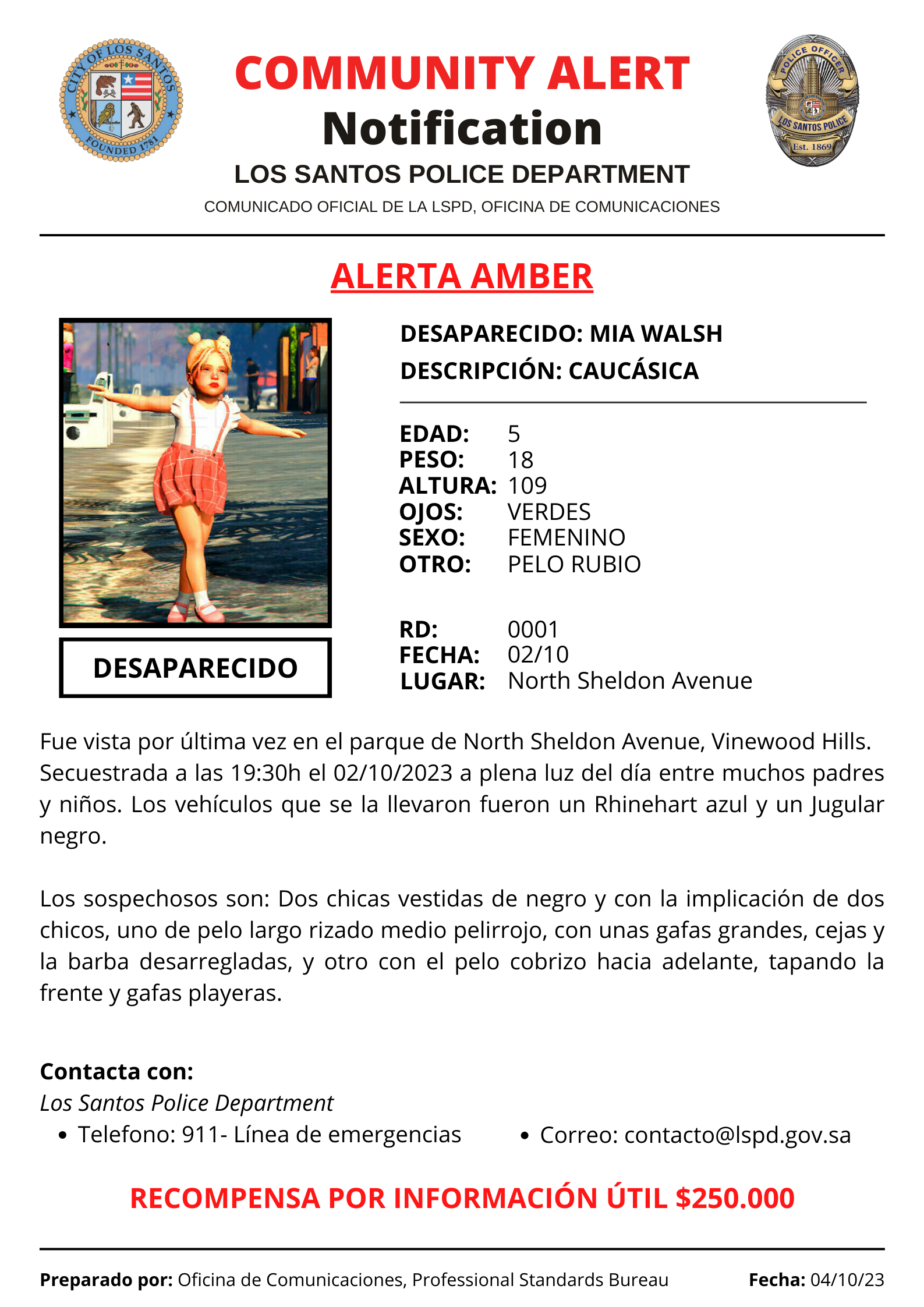 PD #0001 / Mia Walsh (ALERTA AMBER)